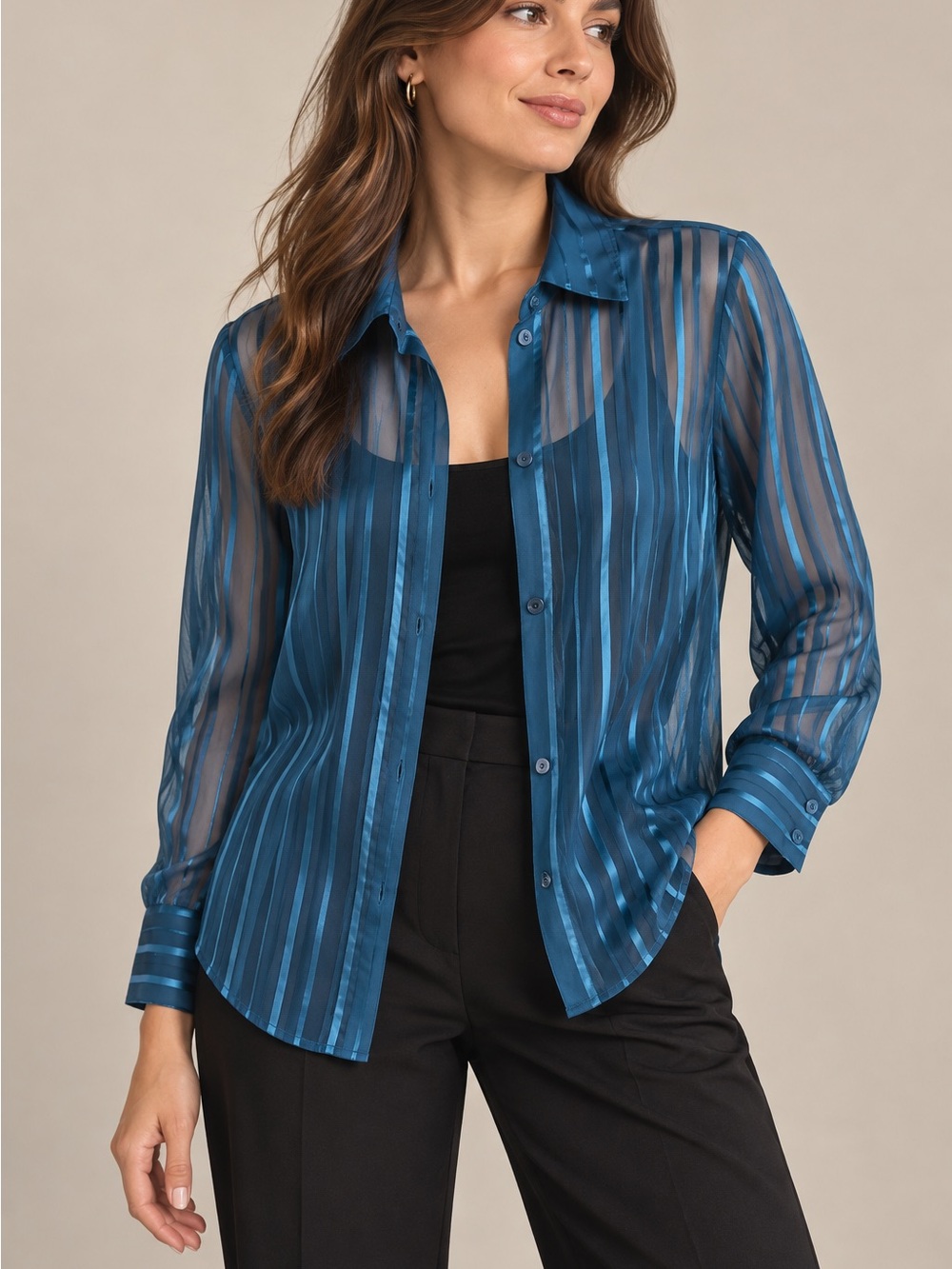 Encore Sheer Striped Button-Down Shirt - Teal